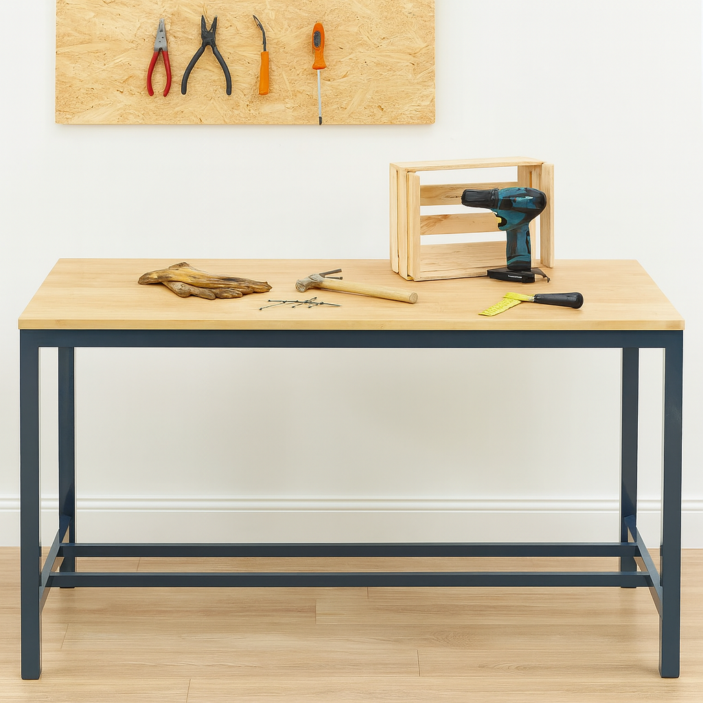 Heavy-duty industrial workbench with 1200kg capacity, solid wood top and steel frame for UK workshops