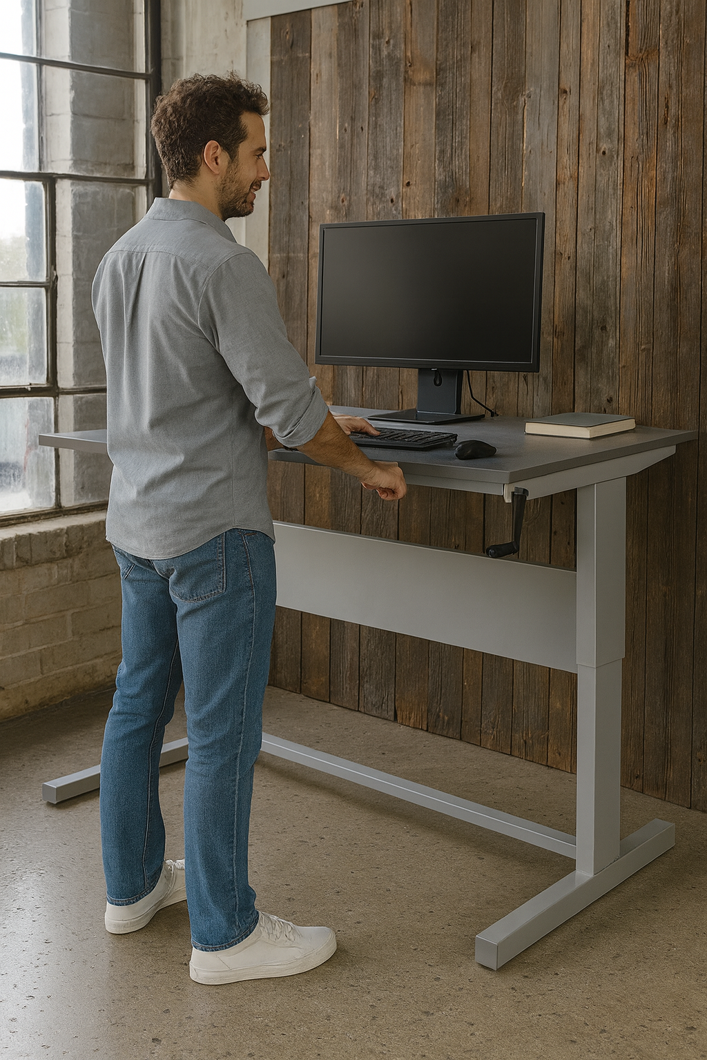 Heavy-duty height adjustable workbench UK with manual hand crank for professional workshops