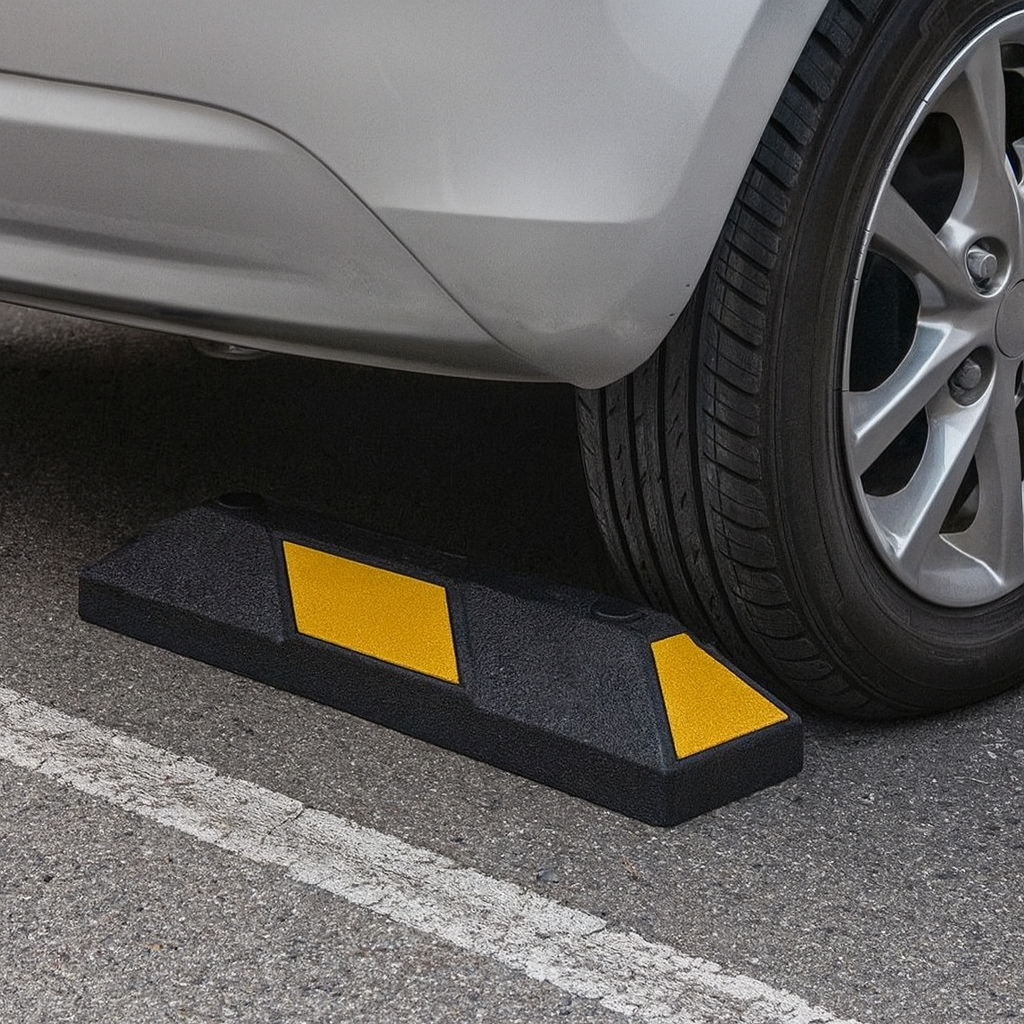 Heavy-duty rubber parking wheel stop with reflective yellow panel for UK garages and car parks