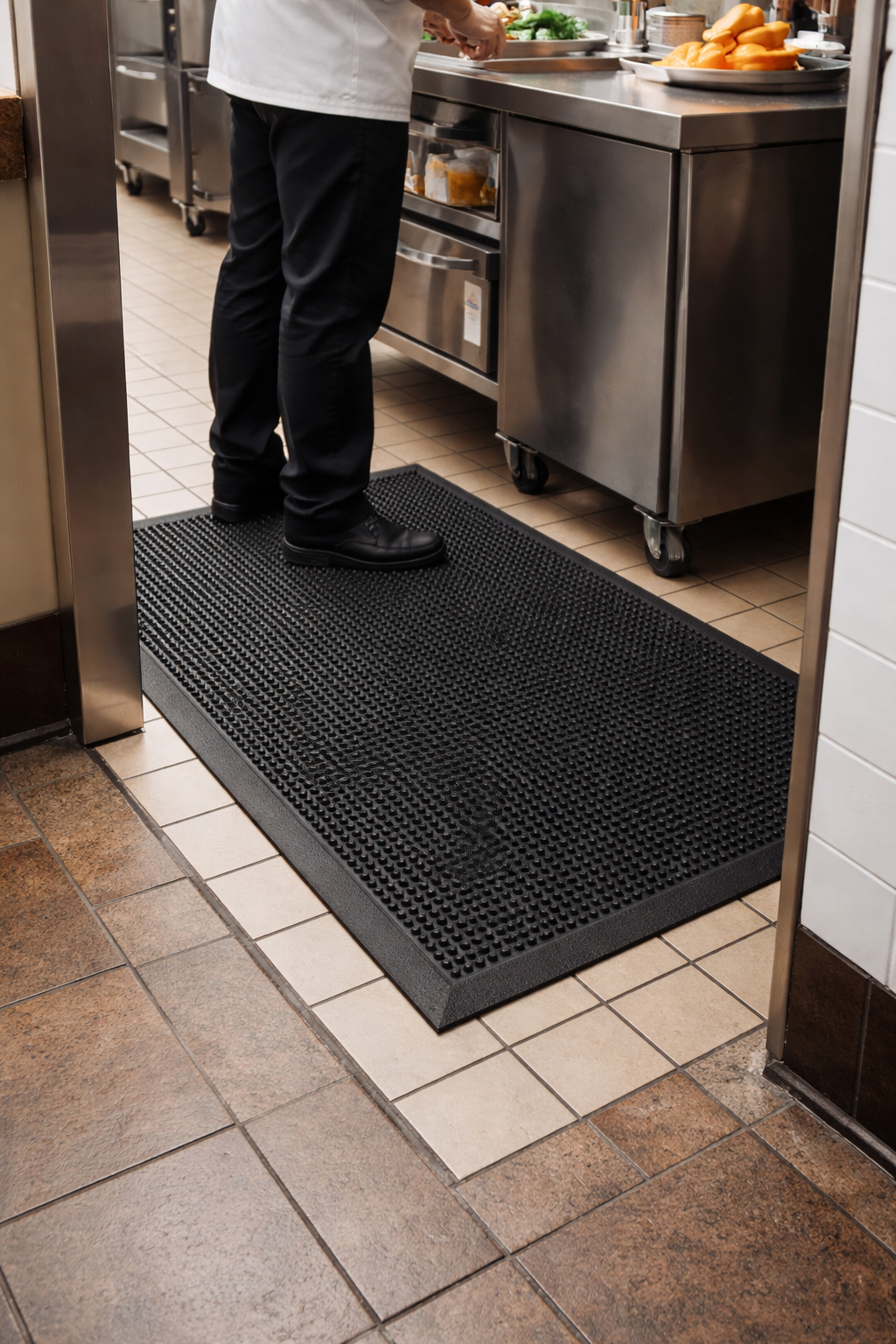 Heavy-duty anti-fatigue rubber floor mat with non-slip studded surface and bevelled safety edges for UK workplaces