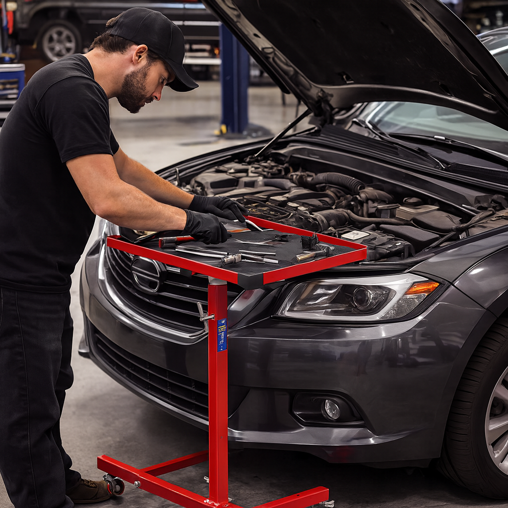 Heavy-duty mobile diagnostic workstation UK with adjustable height laptop stand for professional mechanics