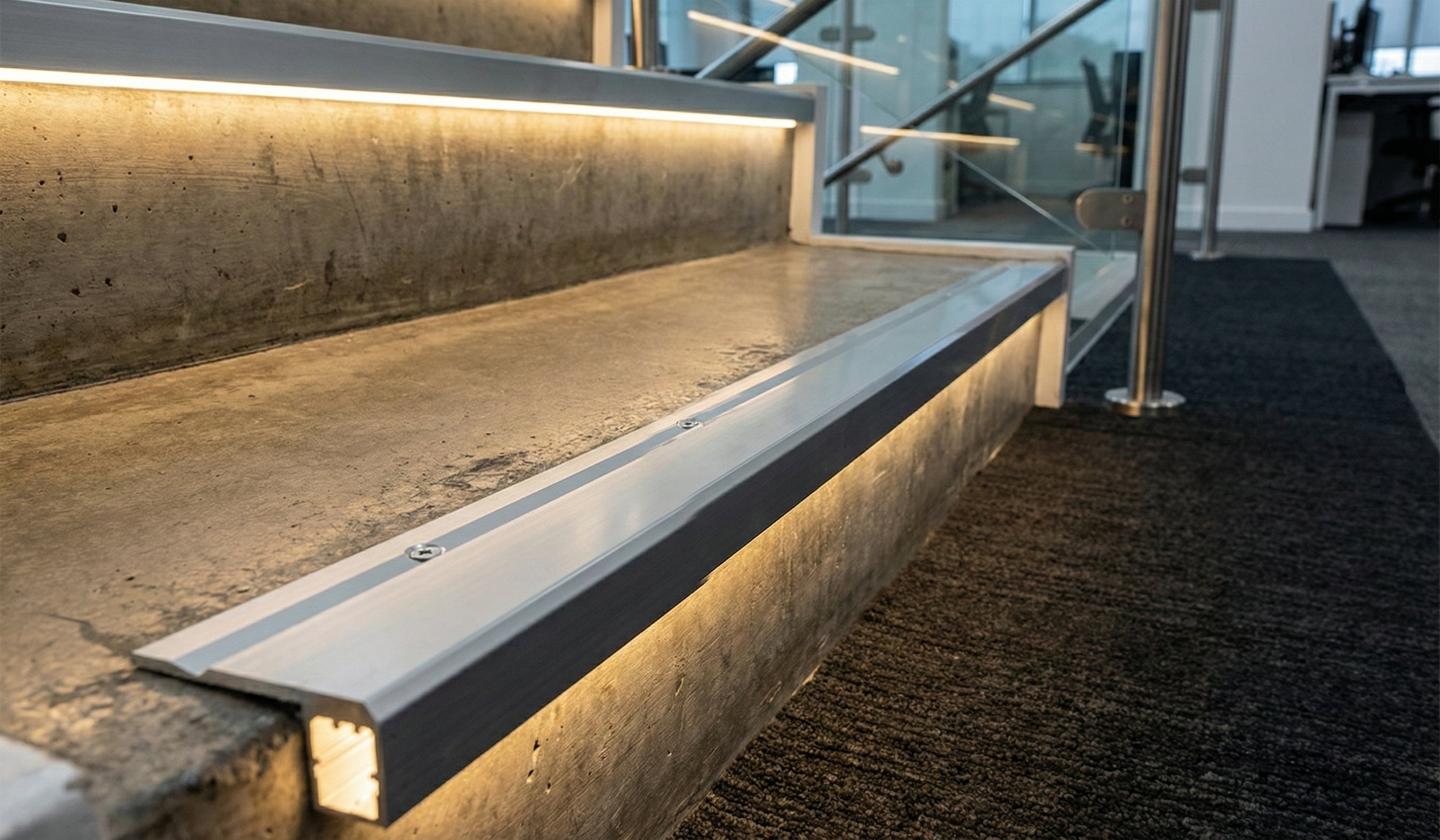 Professional LED aluminium stair edging installed on commercial staircase in UK building