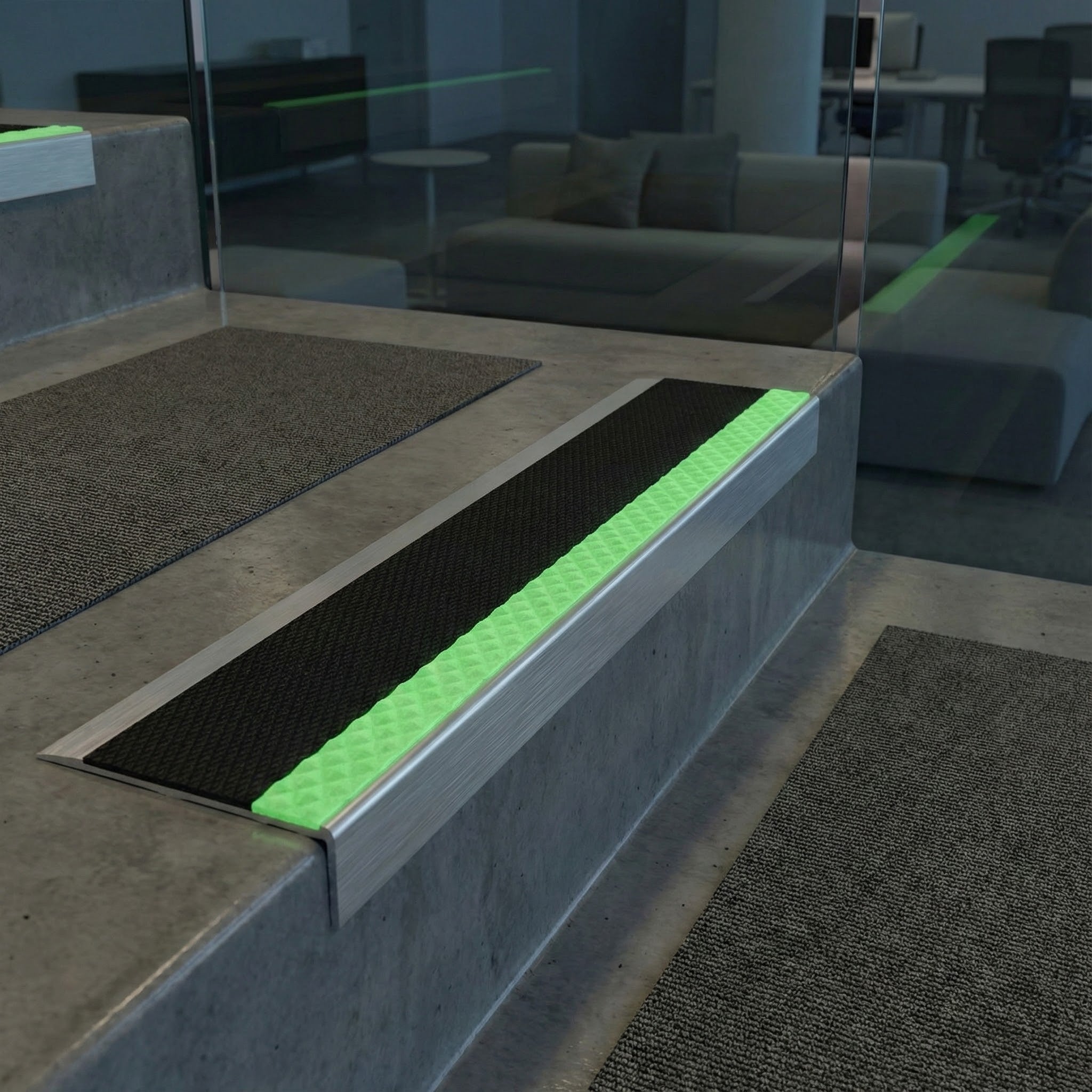 Glow in the Dark Anti-Slip Aluminium Stair Nosing UK installed on commercial stairs