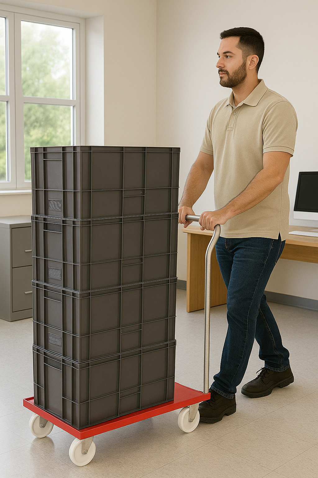 Stackable storage crates with wheels UK - Heavy-duty industrial dolly system for warehouses