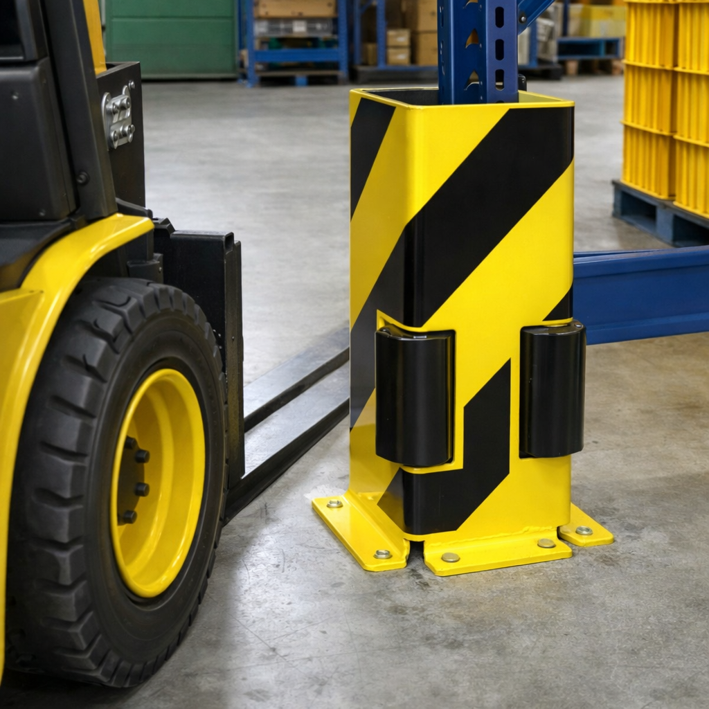 Heavy-duty steel column protector with yellow and black safety markings for UK warehouses
