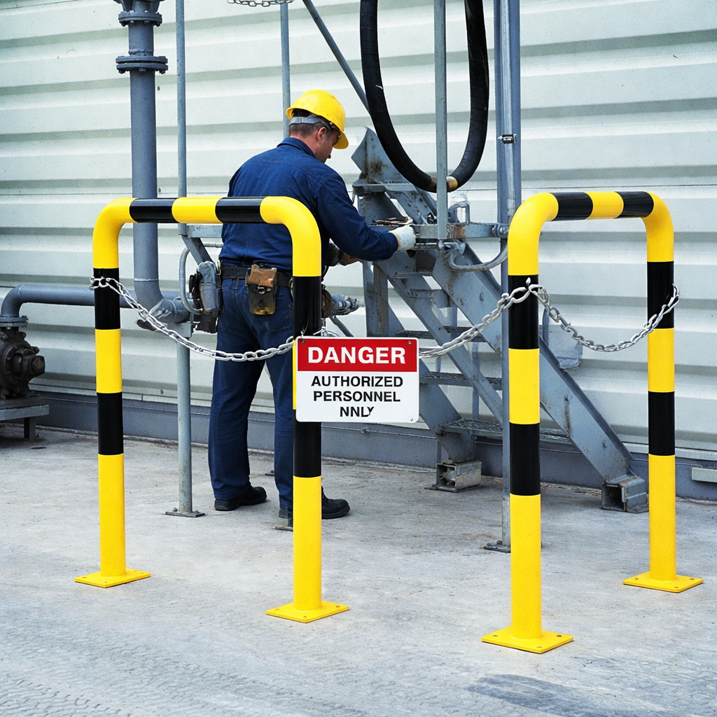 Heavy-duty steel safety barrier with black and yellow hazard marking for industrial equipment protection in UK facilities