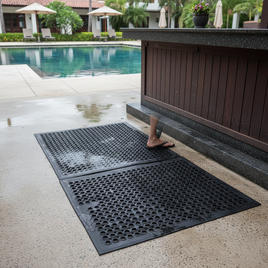 Heavy-duty rubber drainage mat UK with anti-slip surface and drainage holes for commercial kitchens