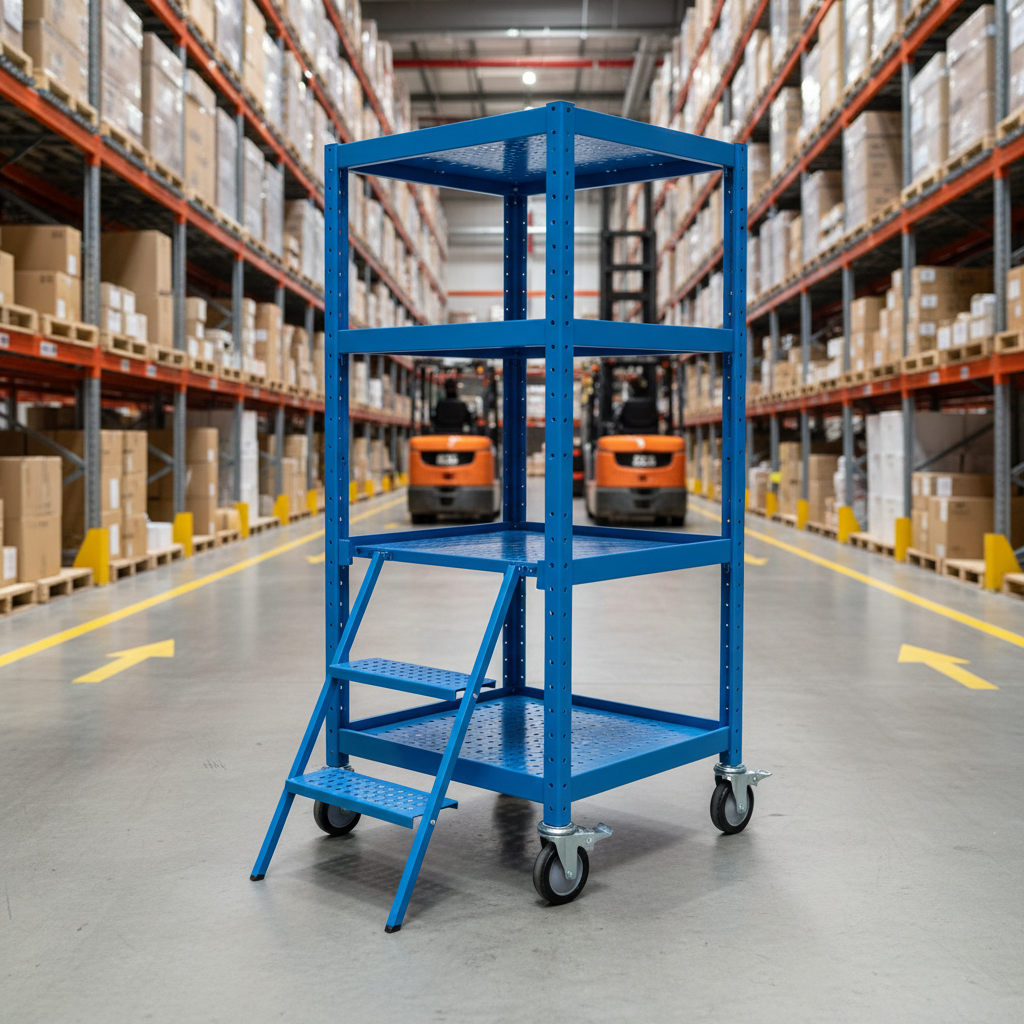 Professional warehouse picking trolley with steps UK - 250kg heavy-duty 3-tier solution