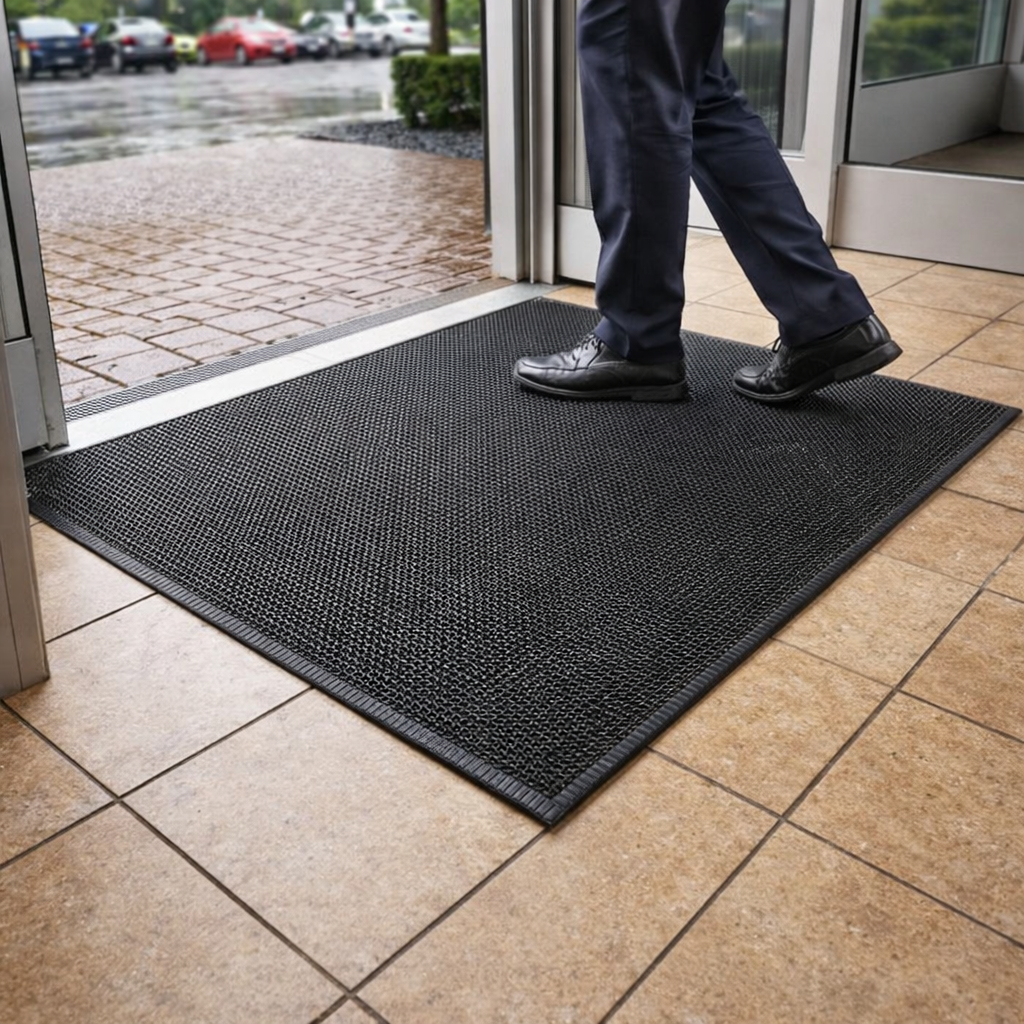 Heavy-duty diamond rubber matting with anti-slip pattern for UK industrial facilities