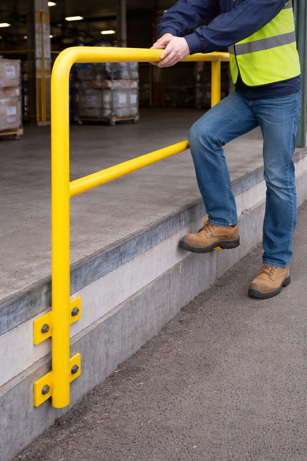 Heavy-duty industrial safety handrail UK with high-visibility yellow steel guard rail for loading bays and walkways