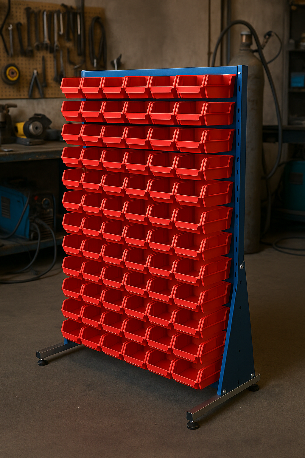 Heavy-duty industrial parts storage rack with multi-colour bins for UK workshops and warehouses
