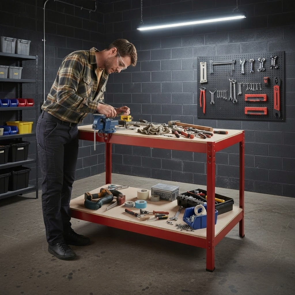 Heavy-duty boltless workbench UK with 200kg capacity and steel frame construction