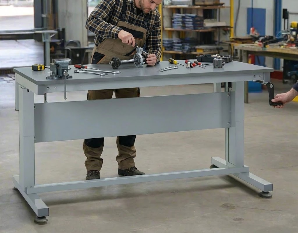 Heavy-duty adjustable steel workbench with crank height adjustment for UK workshops