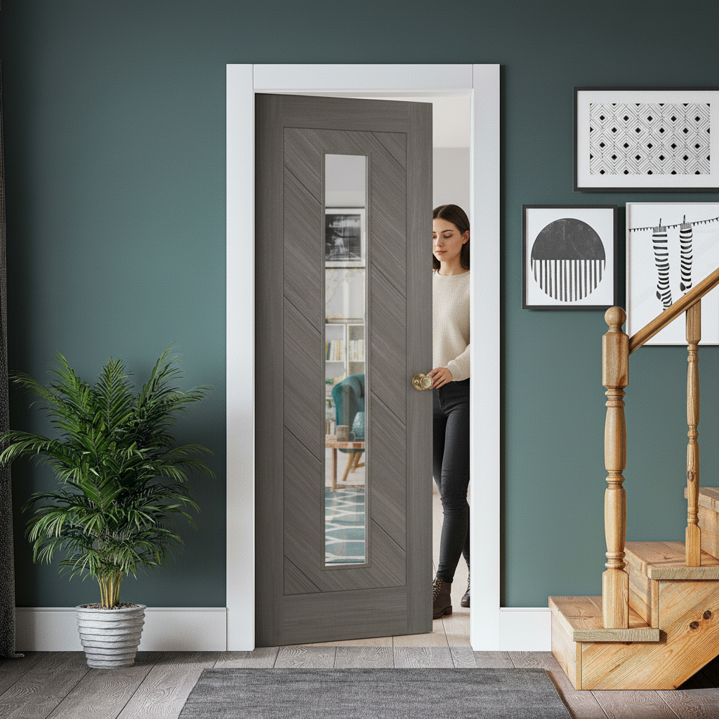 Fully Finished Light Grey Laminate Interior Clear Glass Door