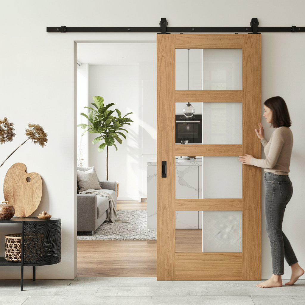 Internal Unfinished Shaker 4 Light Clear Glass Sliding Door
