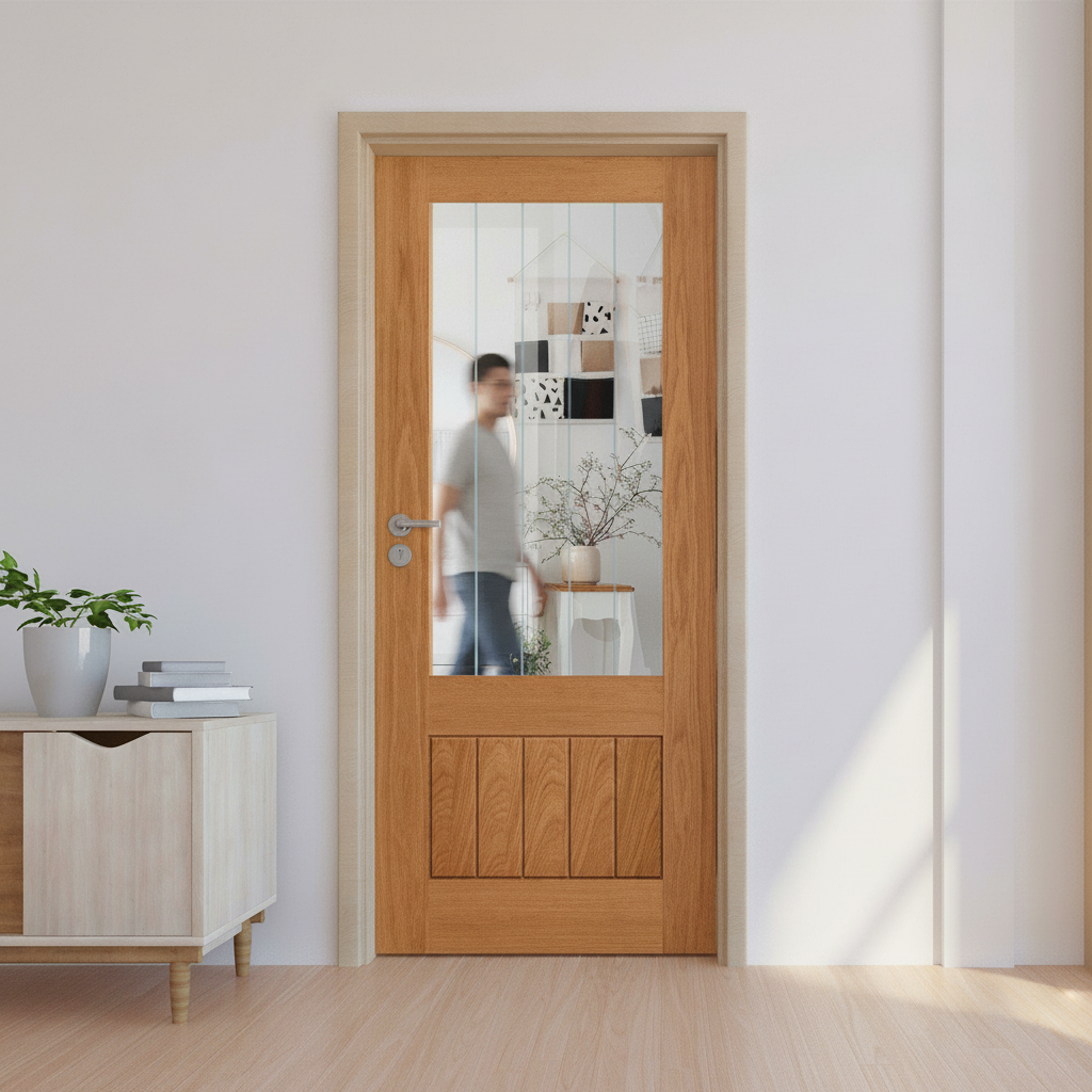 Premium Made-to-Measure Internal Oak Door with Clear Glass Panel and Square Grooves - Fully Finished for Easy Installation