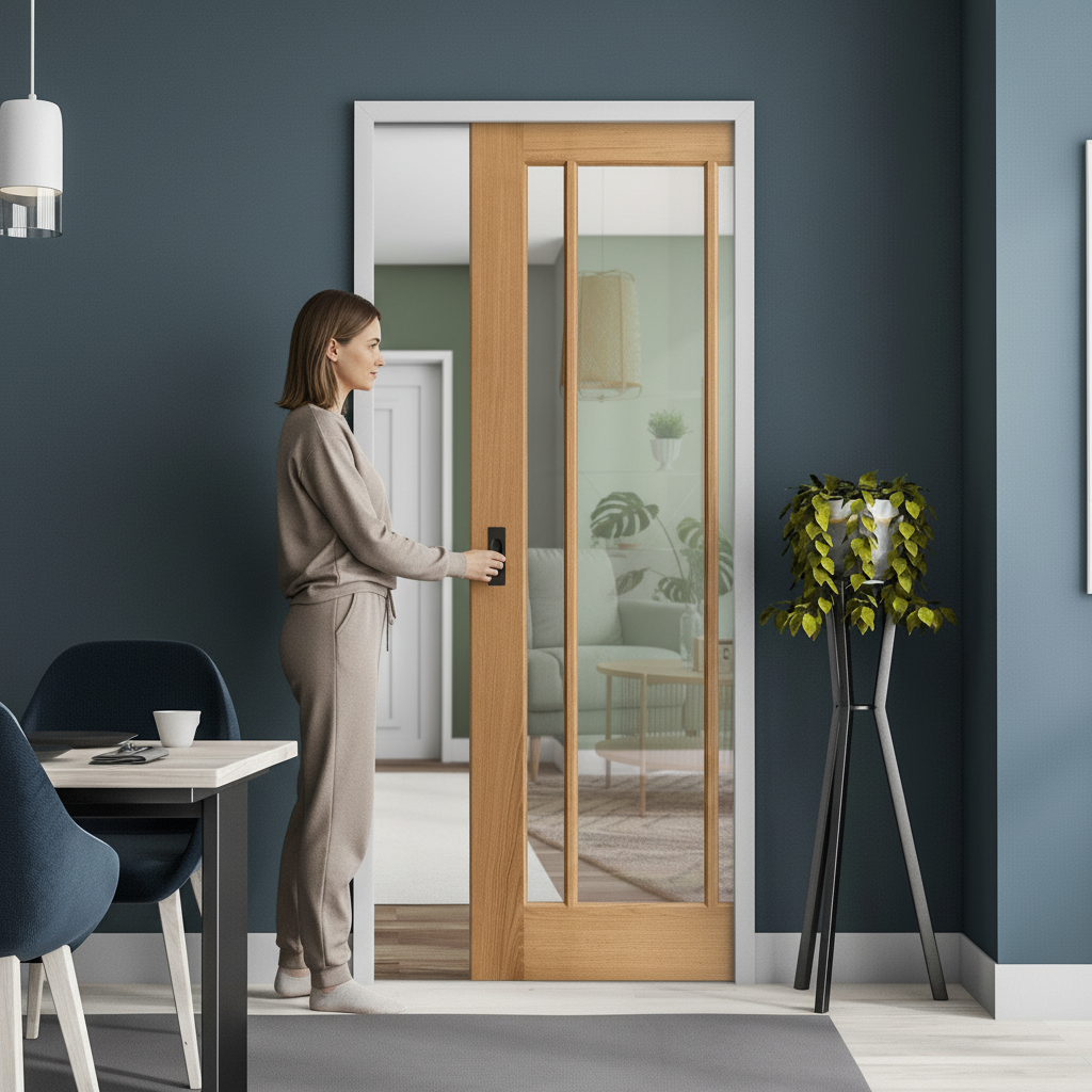 Unfinished Oak Pocket Door Set with 3 Clear Glass Panels