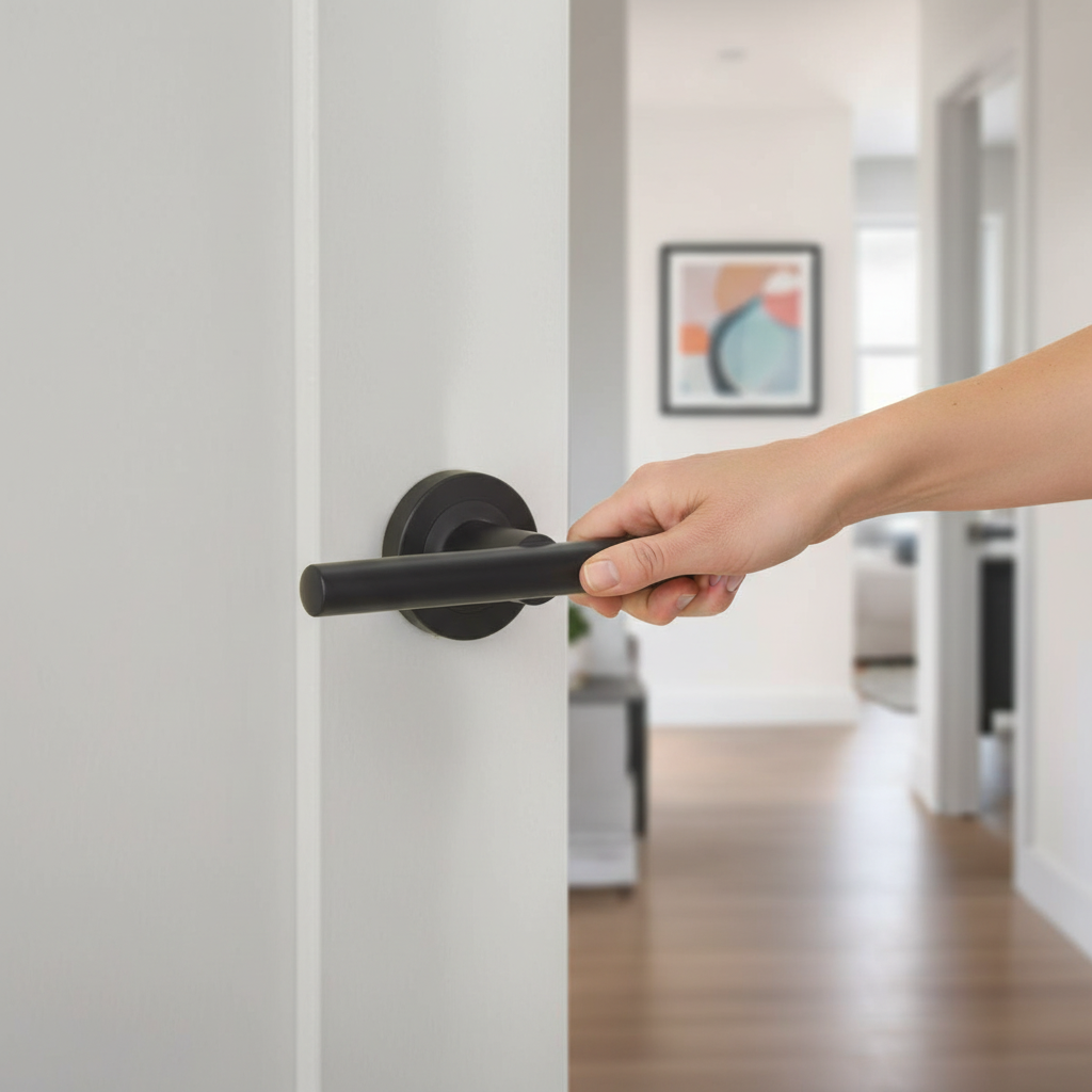 Premium Round Rose Lever Door Handle Set in Matt Black - Ergonomic Design with Single Bullet Latch for Enhanced Security