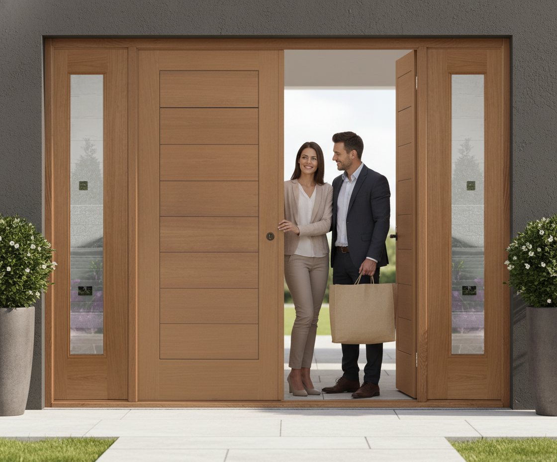 Premium Double Entrance Doors with Clear Glazed Sidelights - 44mm Thick, Adjustable Height