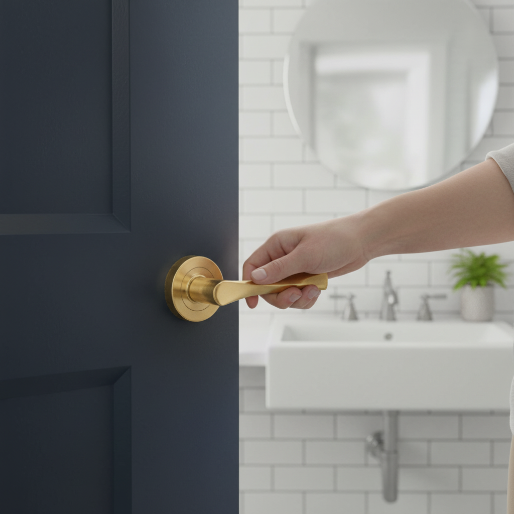 Round Rose Lever Door Bathroom Handle Set with Satin Bras...