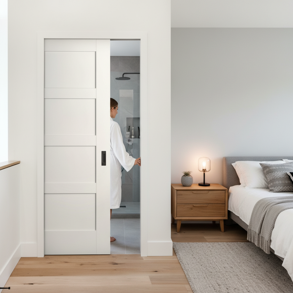 White Primed Internal Shaker 4 Panel Framed Pocket Door Set