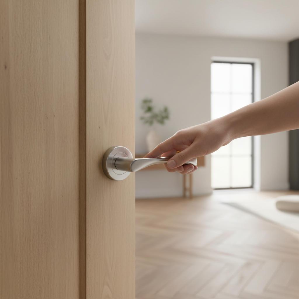 Round Rose Lever Door Handle Set with Satin Chrome Finish