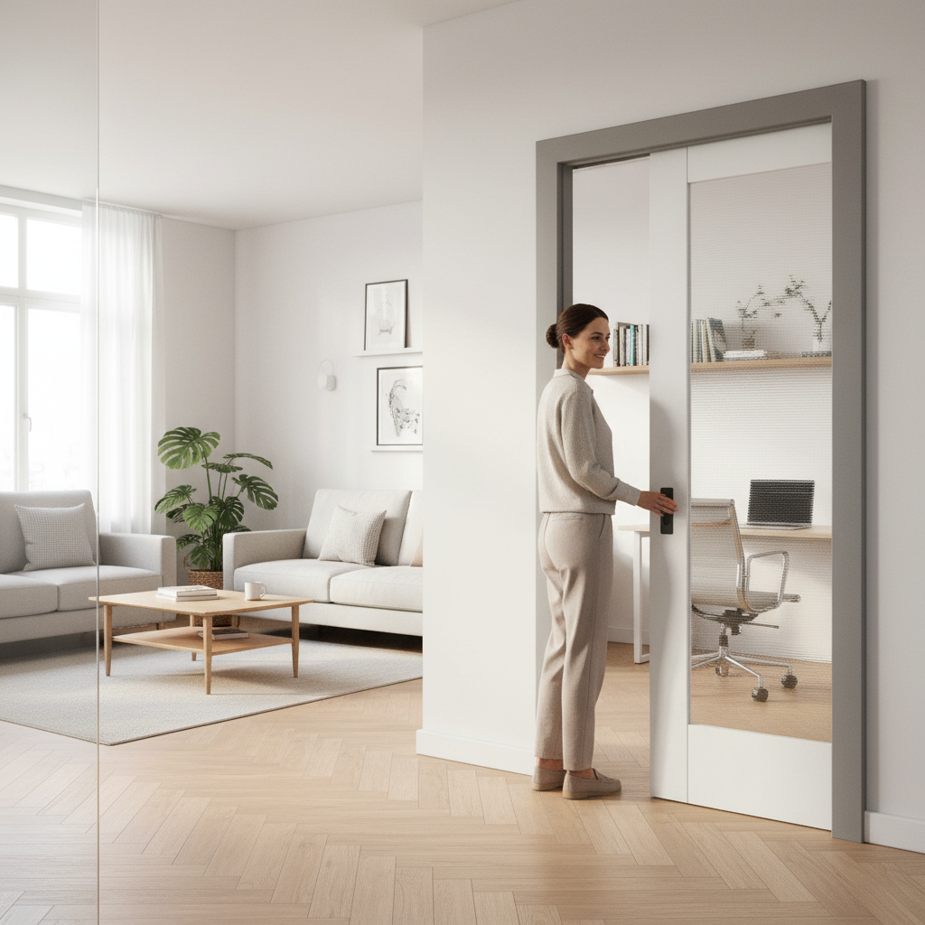 White Primed Internal Pocket Door Set with Ocean Glass Panel