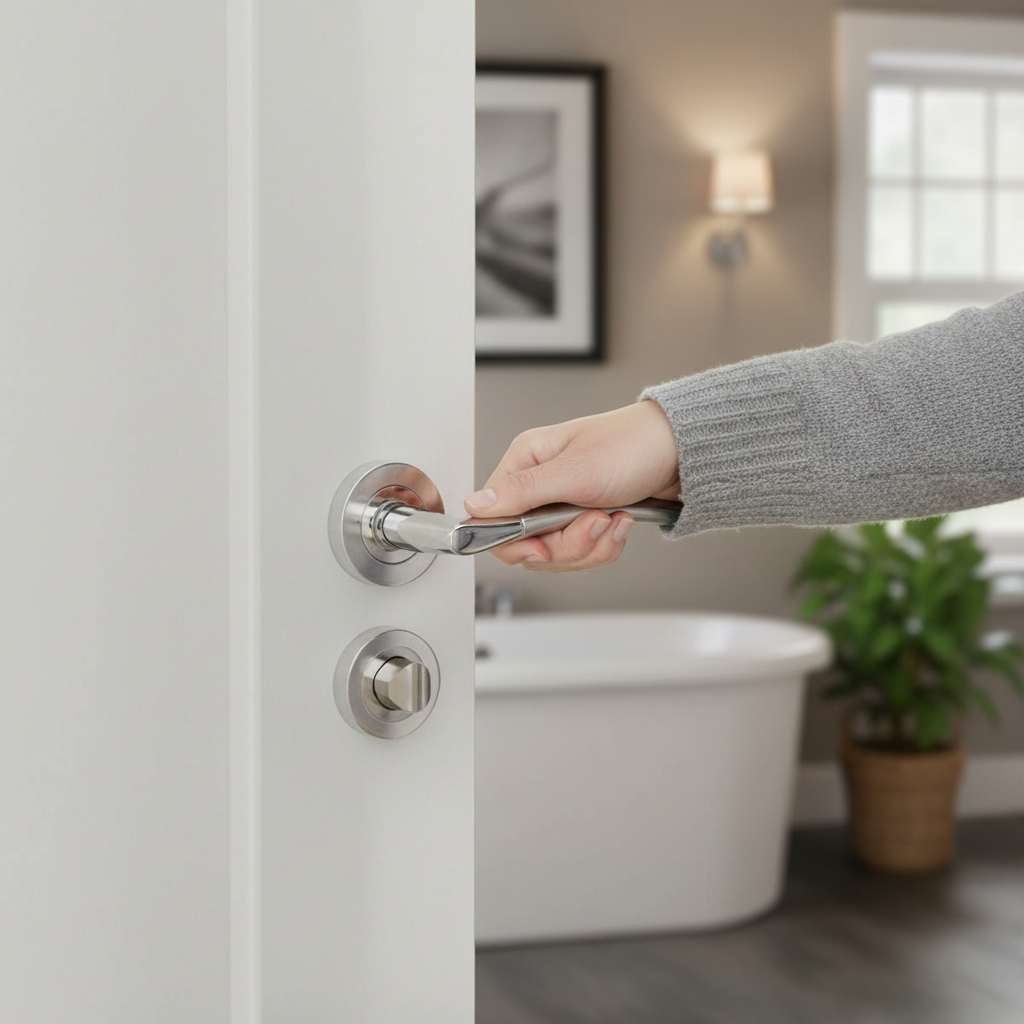 Round Rose Lever Door Bathroom Handle Set - Polished & Sa...