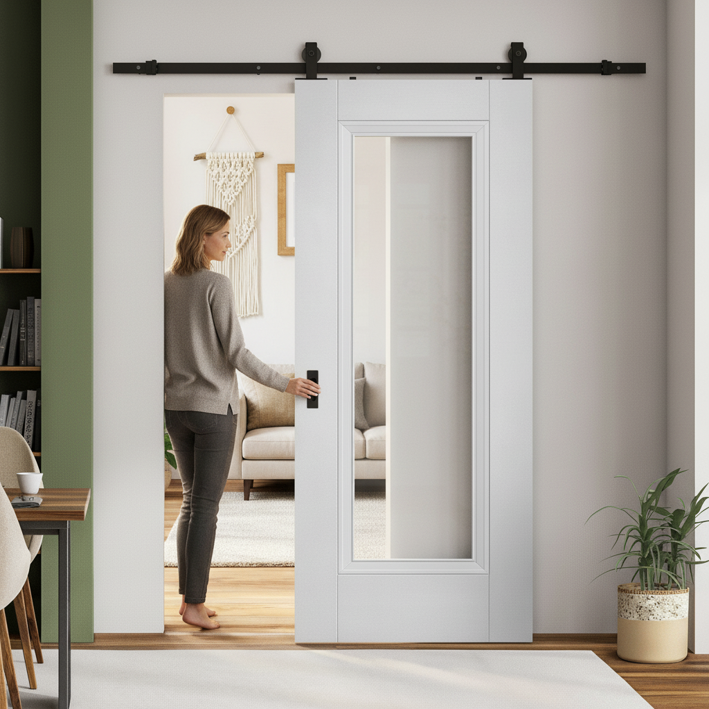 Internal Sliding Door with Clear Glass and Black Steel Track