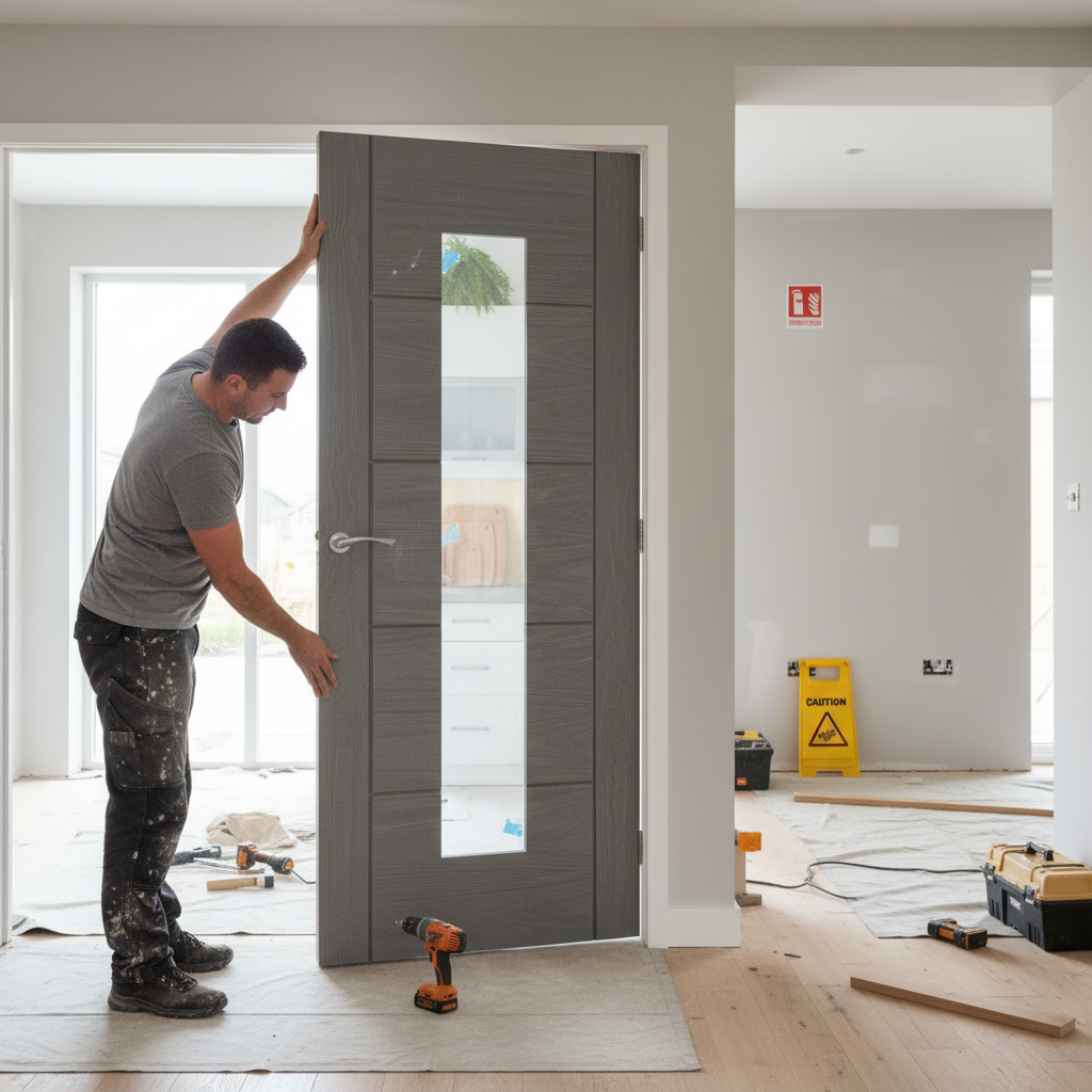 Internal Fully Finished Clear Glass Door with Ash Grey Frame