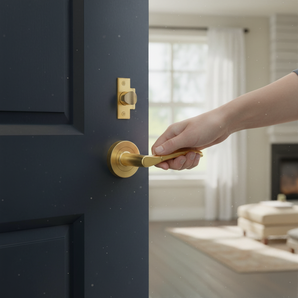 Round Rose Lever Door Handle Set in Satin Brass - Ergonom...