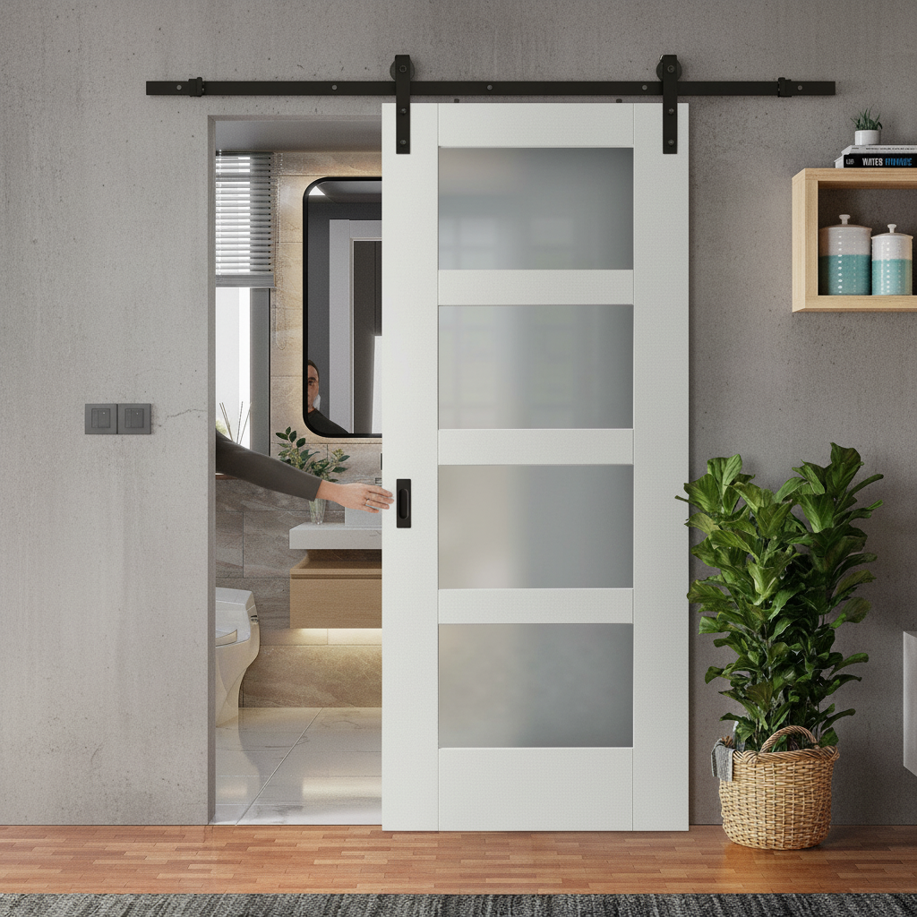 Internal Sliding Door Set with 4 Light Obscure Glass Pane...