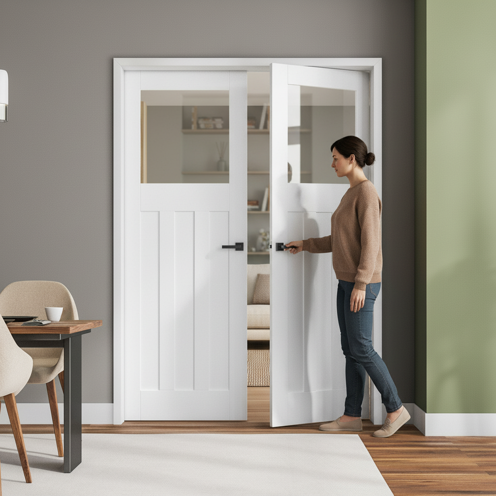 Internal White Primed Clear Glass Pair Door - 1930's Insp...