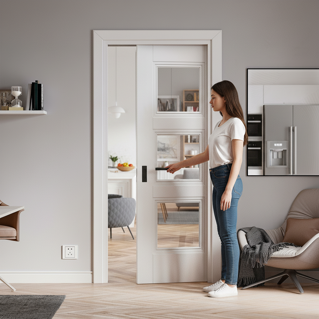 Modern Pocket Door Set with 3 Clear Glass Panels