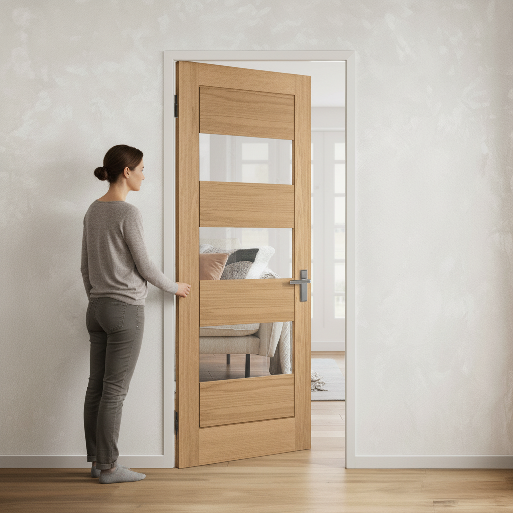 Premium Internal 4 Panel Horizontal Door with Clear Glass Panes - High-Quality Oak Construction for Modern Interiors