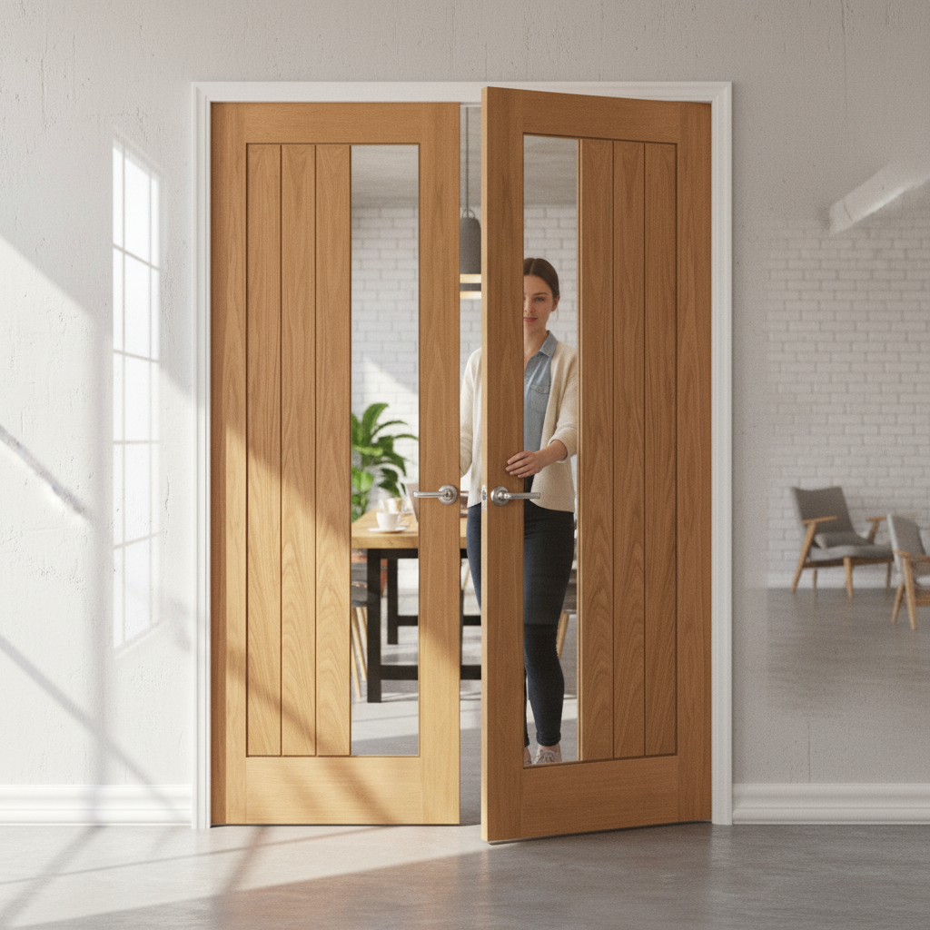 Internal Oak Pair Doors with Clear Offset Glass Panel - F...