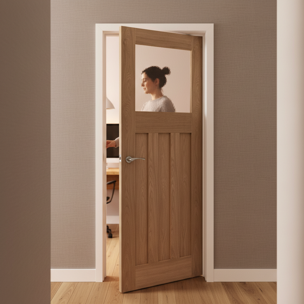 Unfinished Internal Oak Door with 3 Panels and 1 Pane of ...