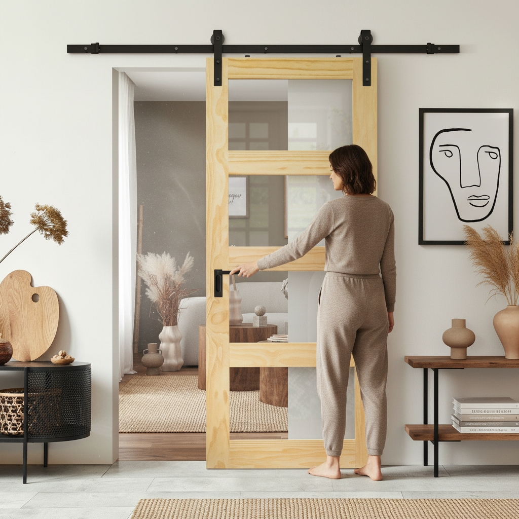 Premium Internal Clear Pine Unfinished Shaker Sliding Door Set with 4 Light Clear Glass Panels and Black Steel Track for Modern Ambiance