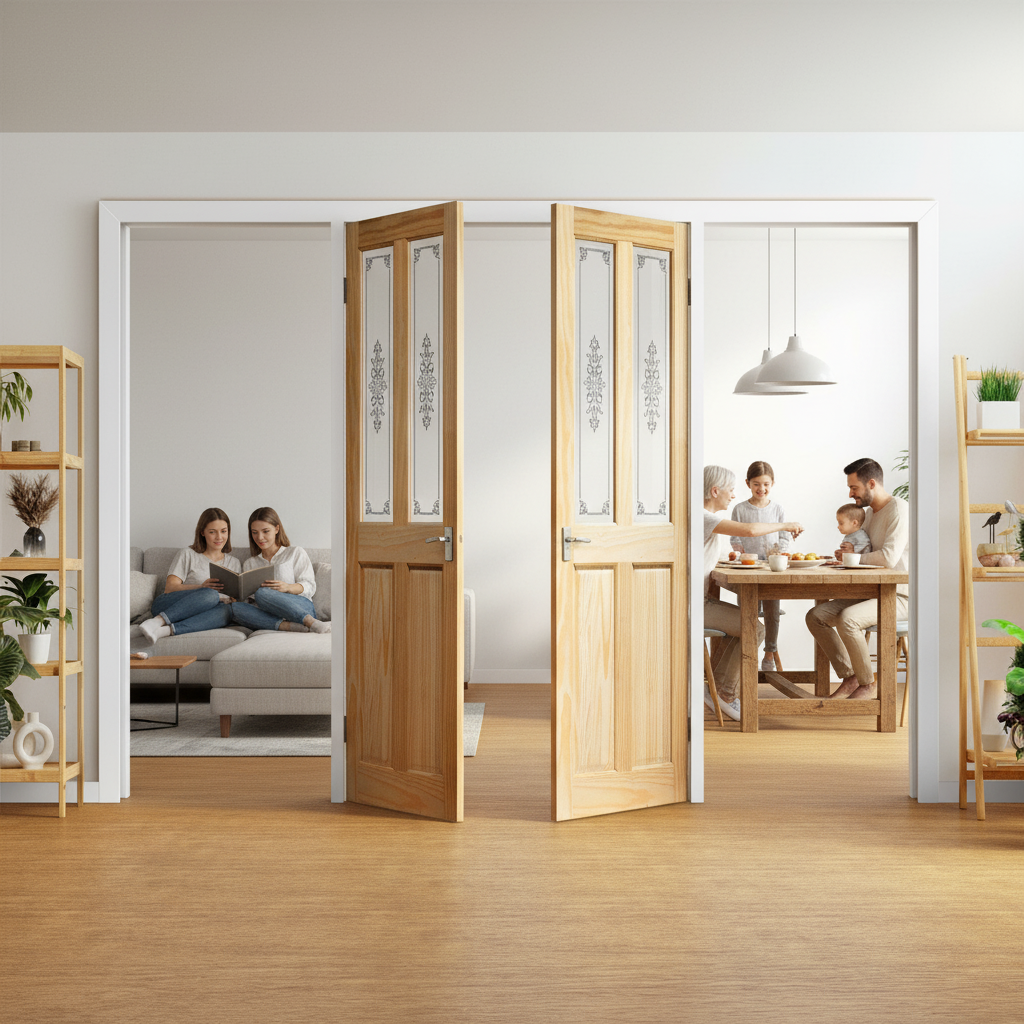 Premium Clear Pine Unfinished Room Divider Set with 4 Campion Glass Doors for Modern Interior Design