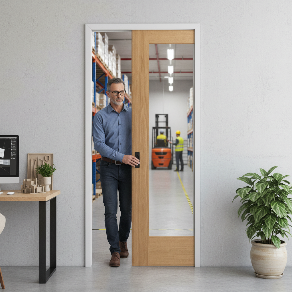 Oak Pocket Door Set with Clear Glass Panel