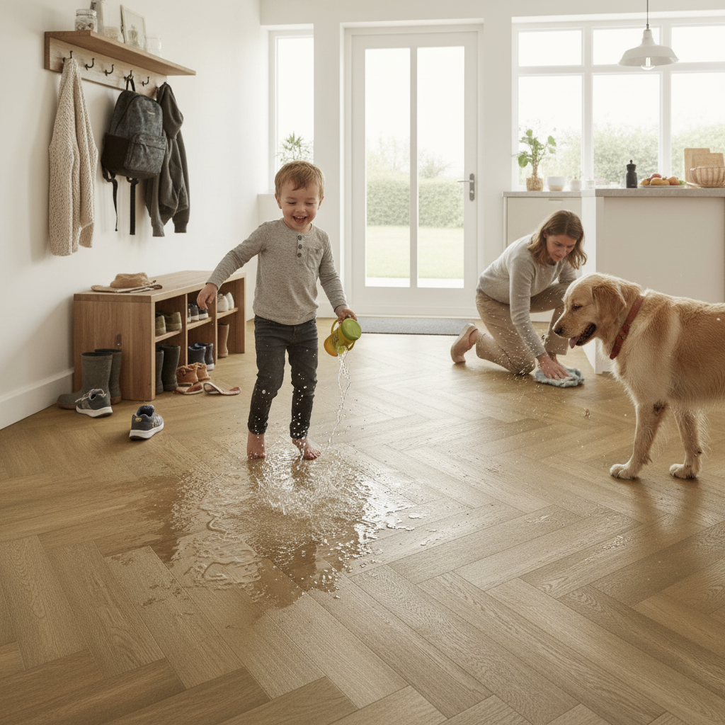 Premium Engineered Waterproof Real Wood Flooring in Herringbone Design with 4v Bevel Edges and UV Lacquer Finish