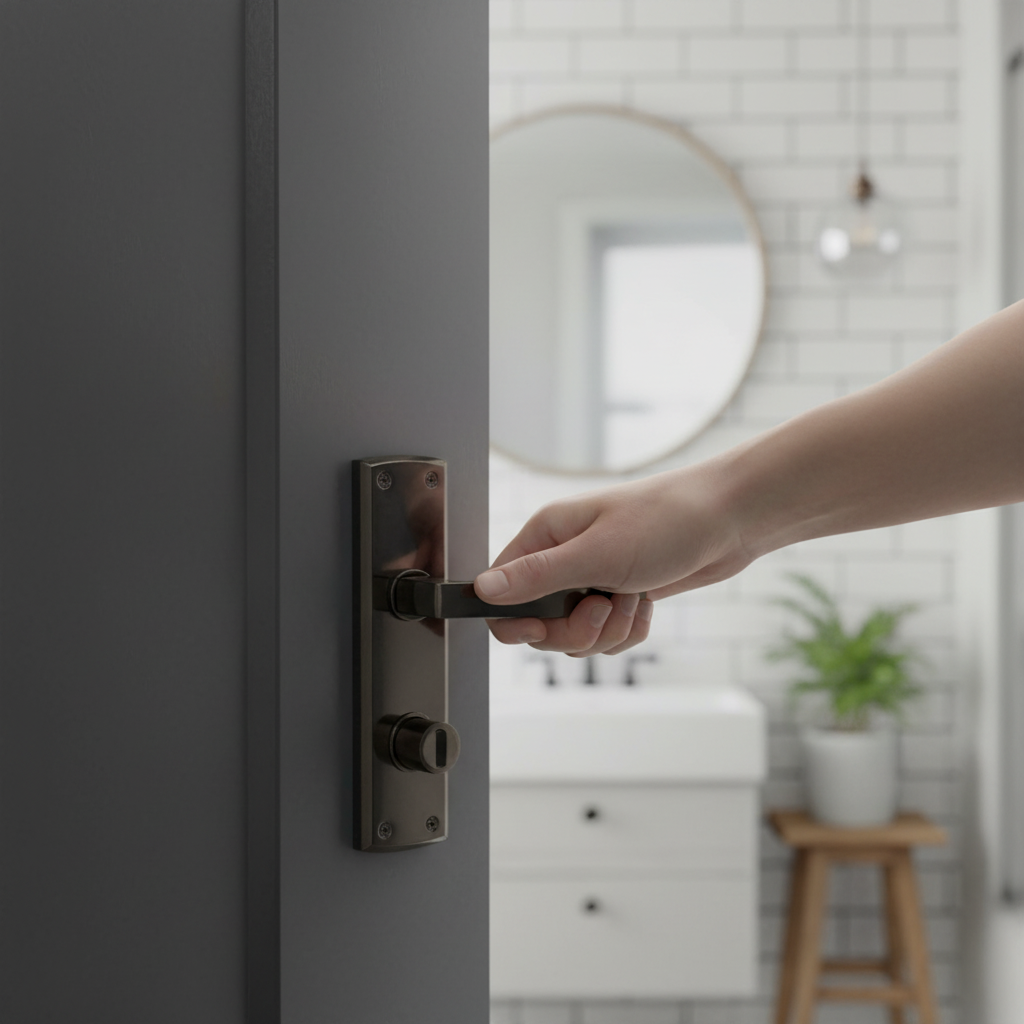 Lever and Lock on Backplate Bathroom Door Handle Set - St...