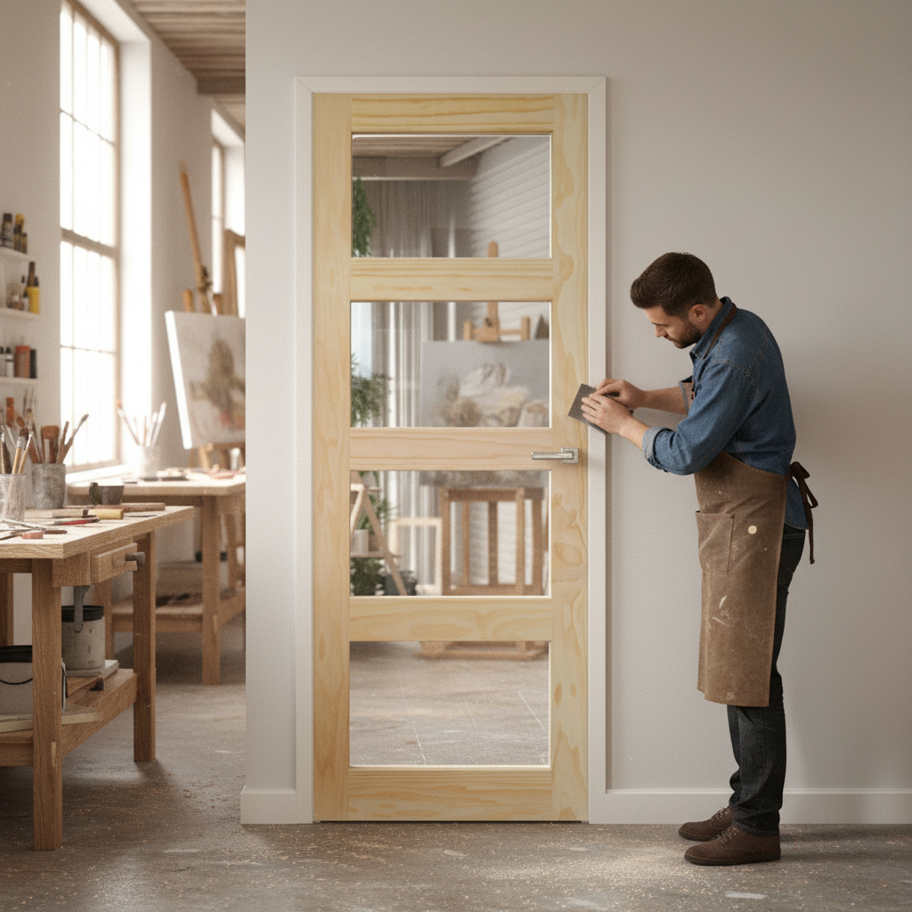 Premium Clear Pine Internal Unfinished Shaker Door with 4 Light Toughened Safety Glass Panes for Modern Interiors