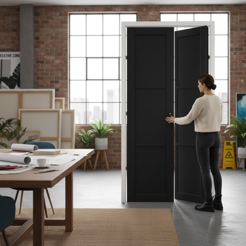 Premium Internal Fully Finished Industrial Studio 3 Panel Bi-fold Door with Modern Design and Jet Black Finish