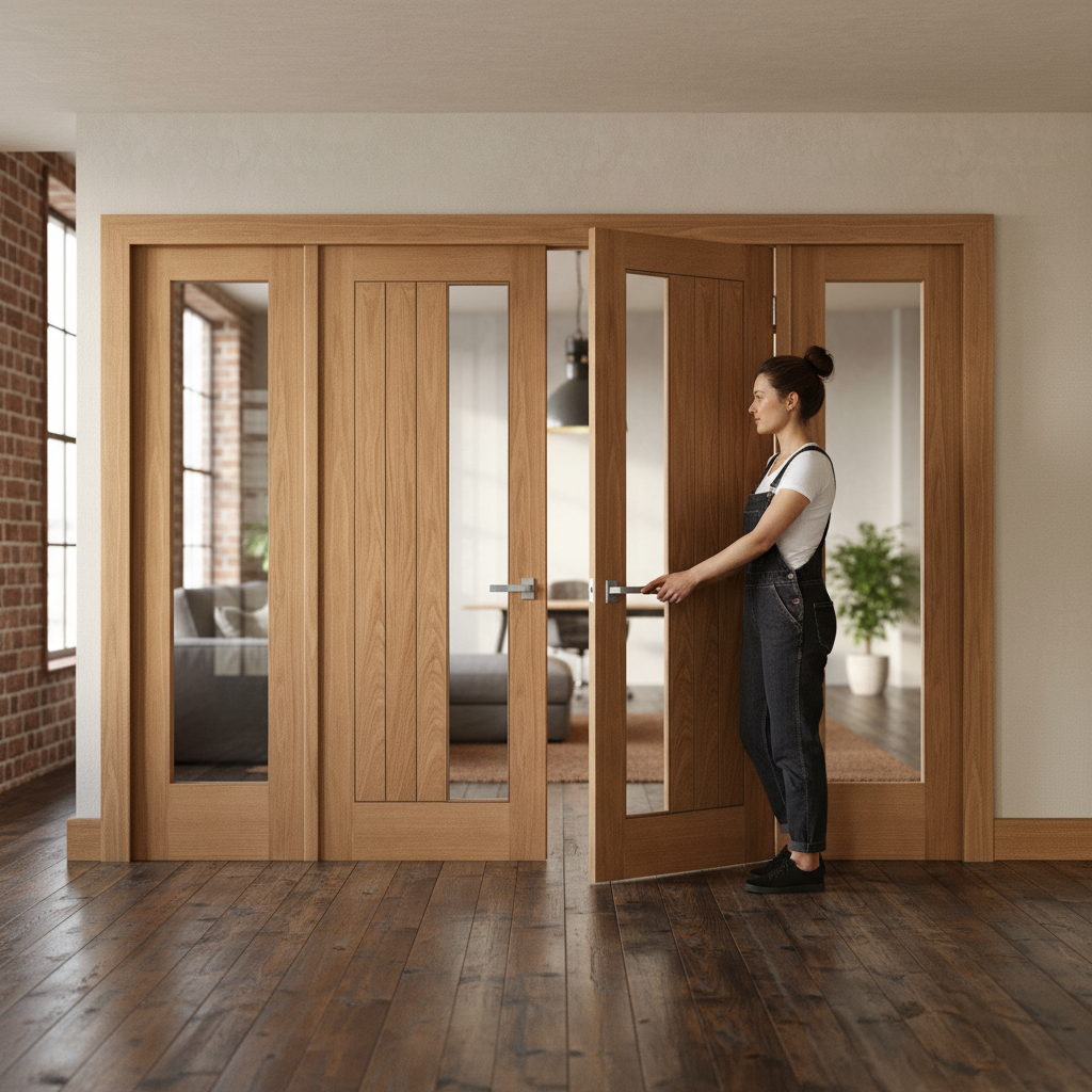 Unfinished Oak Internal Room Divider Set with Clear Glass...
