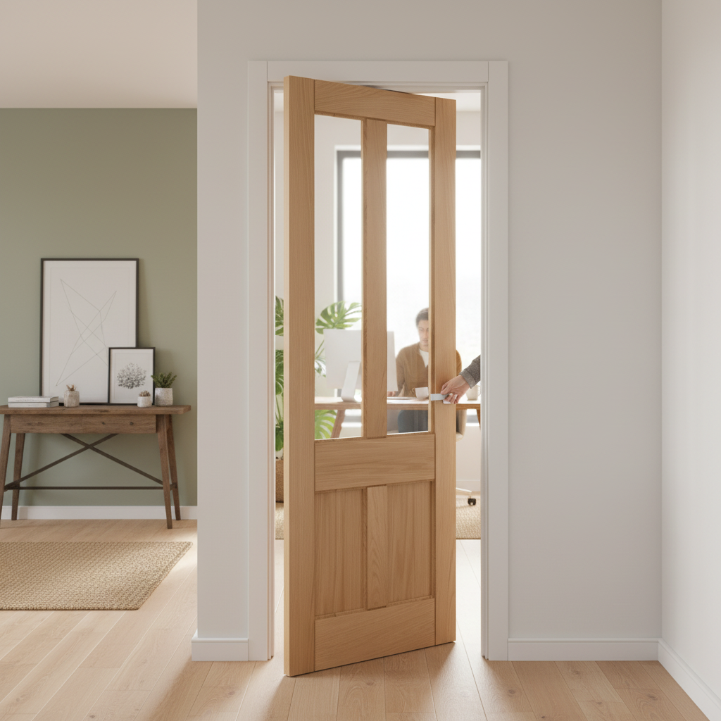Premium Internal Deco Door with 4 Clear Toughened Glass Panels, Unfinished Oak Construction for Customization and Enhanced Privacy