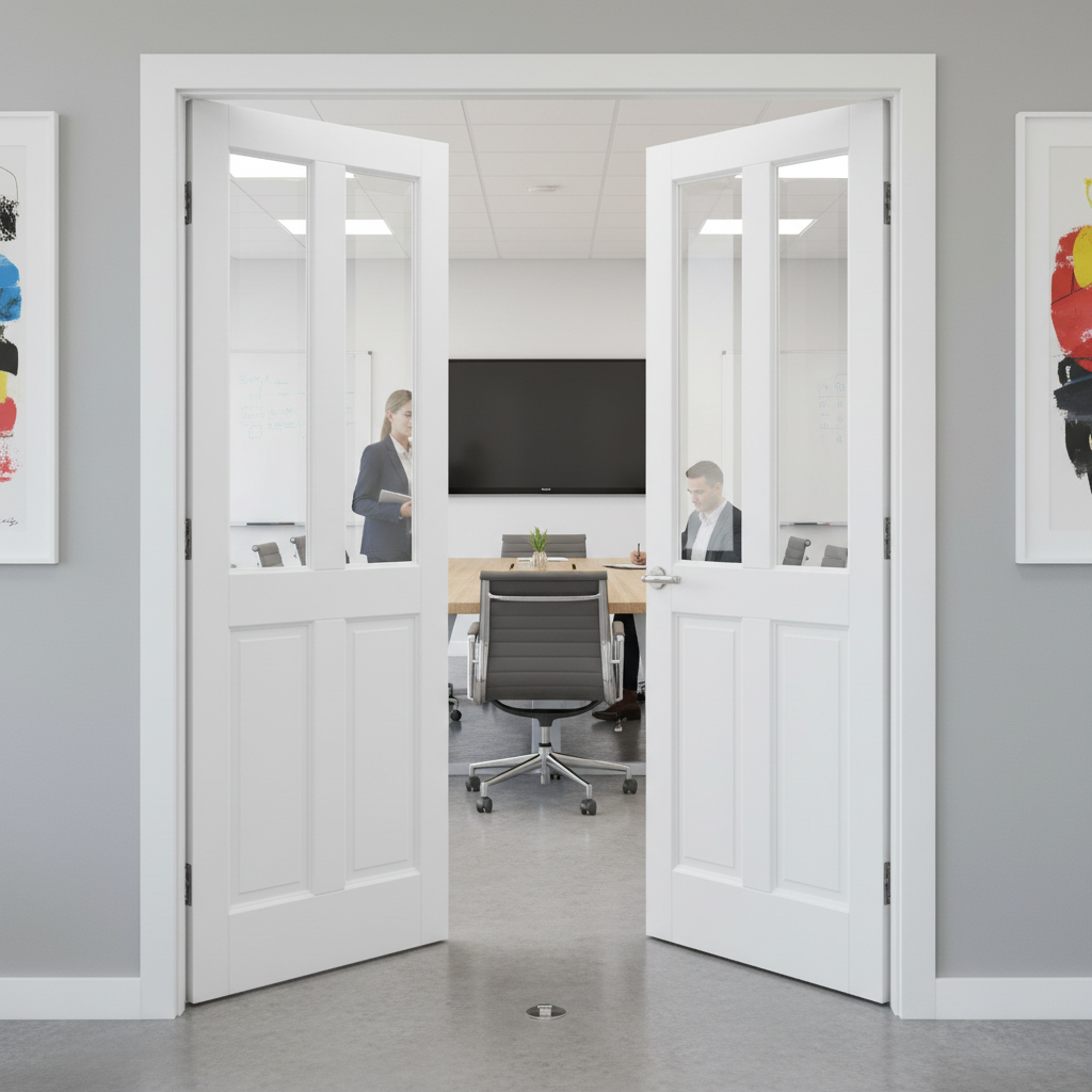 Internal White Primed 4 Panel Clear Bevelled Glass Pair D...