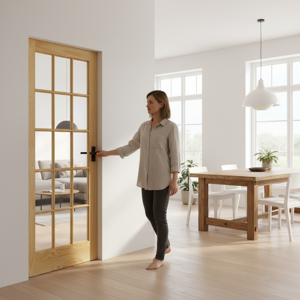 Clear Glass Framed Pocket Door Set with Unfinished Pine F...