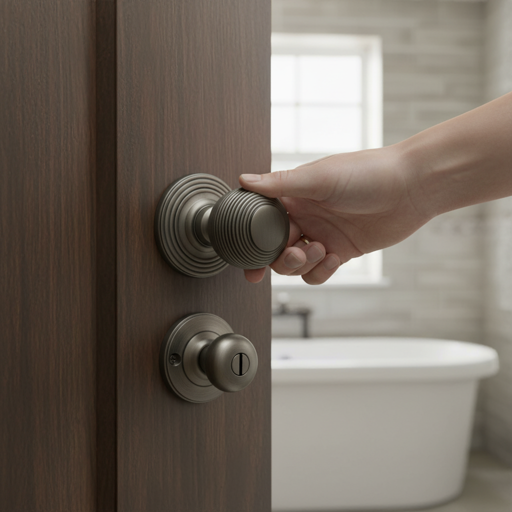 Round Reeded Mortice Bathroom Door Knob Set in Gun Metal