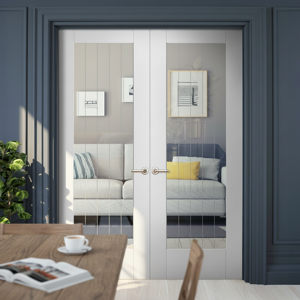 Internal White Primed Cottage Door Pair with Clear Glass
